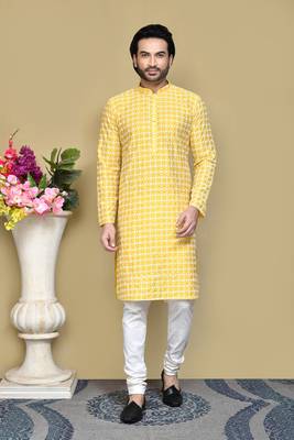 Yellow embroidered cotton kurta pajama 1