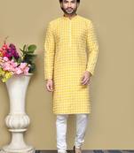 Yellow embroidered cotton kurta pajama