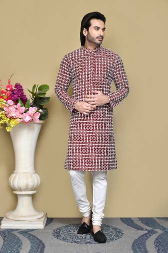 Maroon embroidered cotton kurta pajama