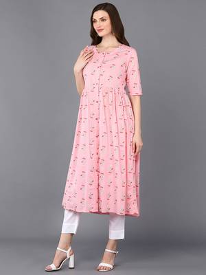 women pink cotton ethnic motifs printed a-line kurta 3