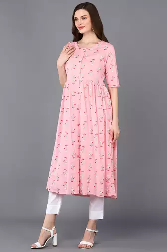 women pink cotton ethnic motifs printed a-line kurta