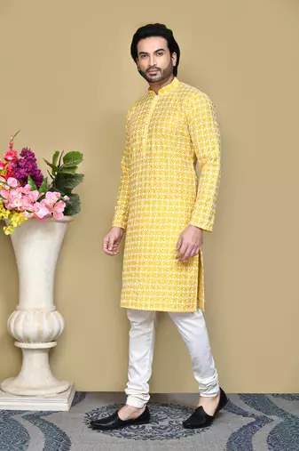Yellow embroidered cotton kurta pajama