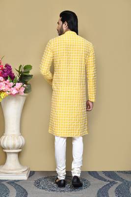 Yellow embroidered cotton kurta pajama 3