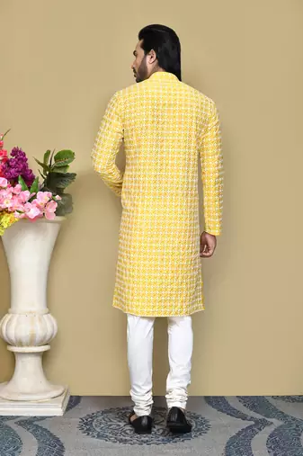 Yellow embroidered cotton kurta pajama