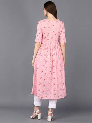 women pink cotton ethnic motifs printed a-line kurta 4