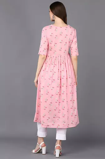 women pink cotton ethnic motifs printed a-line kurta