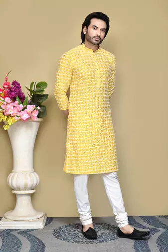 Yellow embroidered cotton kurta pajama