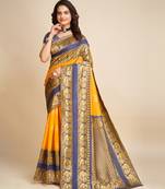 Yellow woven Lichi Silk saree with blouse