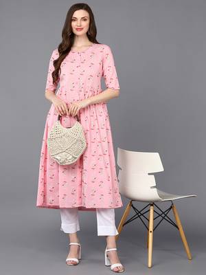 women pink cotton ethnic motifs printed a-line kurta 5