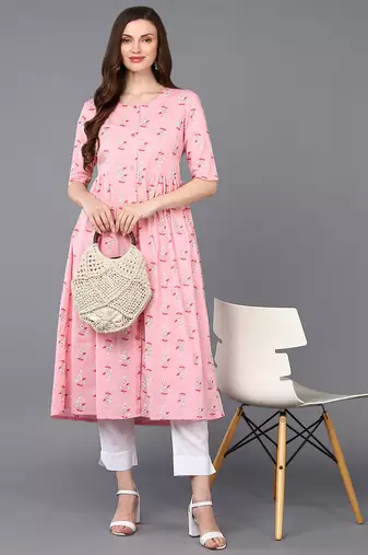 women pink cotton ethnic motifs printed a-line kurta