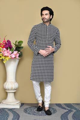 Black embroidered cotton kurta pajama 1
