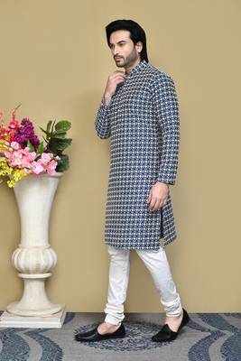 Navy blue embroidered cotton kurta pajama 2