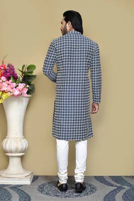 Navy blue embroidered cotton kurta pajama 3