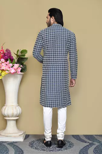 Navy blue embroidered cotton kurta pajama
