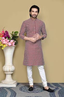 Maroon embroidered cotton kurta pajama 4