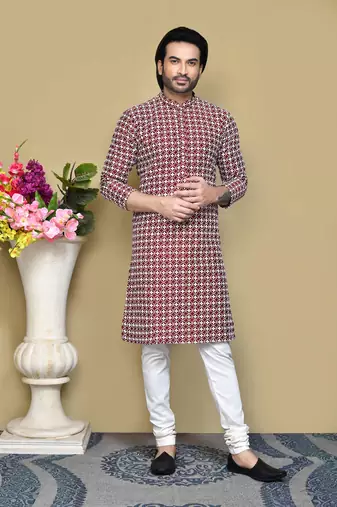 Maroon embroidered cotton kurta pajama