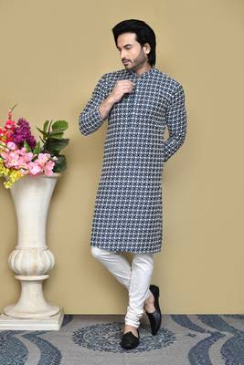 Navy blue embroidered cotton kurta pajama 4