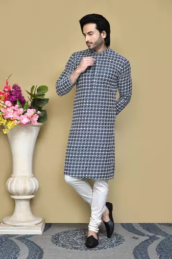Navy blue embroidered cotton kurta pajama