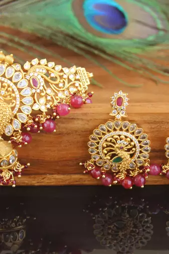 Designer matte finish cz peacock neckace set
