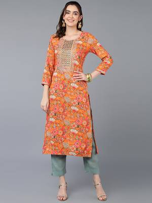 women orange viscose rayon quirky embroidered straight kurta 1
