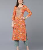 women orange viscose rayon quirky embroidered straight kurta