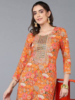 women orange viscose rayon quirky embroidered straight kurta 2