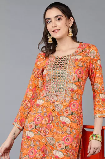 women orange viscose rayon quirky embroidered straight kurta