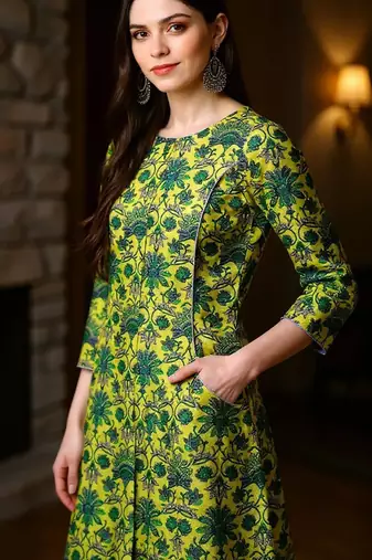 women green cotton floral printed a-line kurta