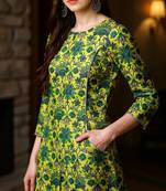 women green cotton floral printed a-line kurta