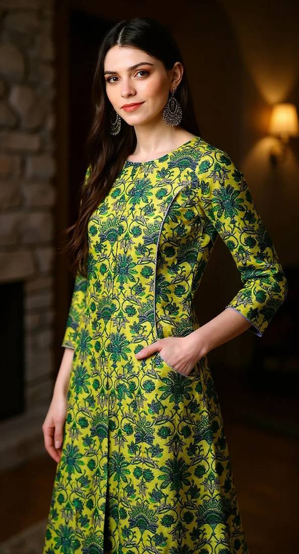 women green cotton floral printed a-line kurta