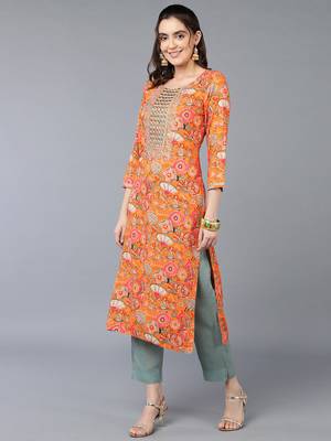 women orange viscose rayon quirky embroidered straight kurta 3
