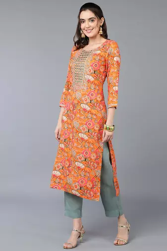 women orange viscose rayon quirky embroidered straight kurta