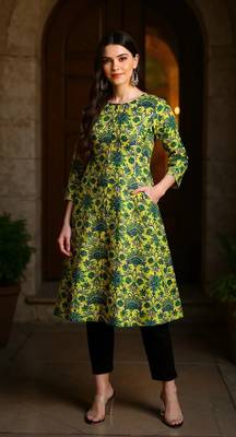 women green cotton floral printed a-line kurta 2