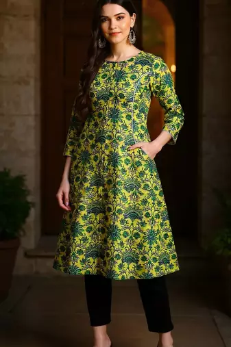 women green cotton floral printed a-line kurta