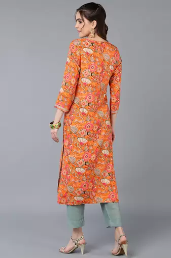 women orange viscose rayon quirky embroidered straight kurta