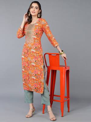 women orange viscose rayon quirky embroidered straight kurta 5