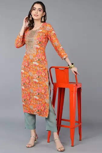 women orange viscose rayon quirky embroidered straight kurta