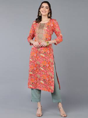 women peach viscose rayon quirky embroidered straight kurta 1