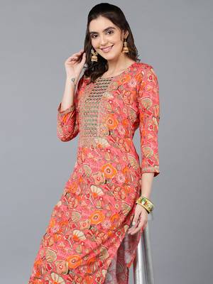 women peach viscose rayon quirky embroidered straight kurta 2