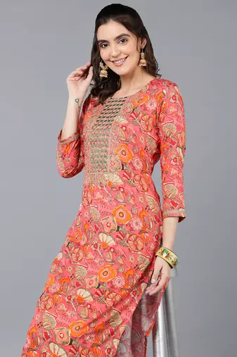 women peach viscose rayon quirky embroidered straight kurta
