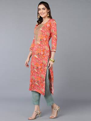 women peach viscose rayon quirky embroidered straight kurta 3