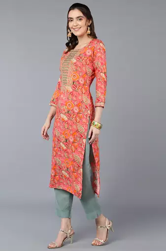women peach viscose rayon quirky embroidered straight kurta