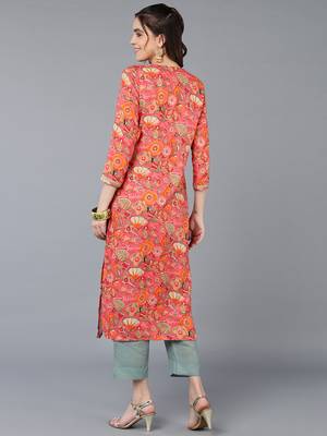 women peach viscose rayon quirky embroidered straight kurta 4