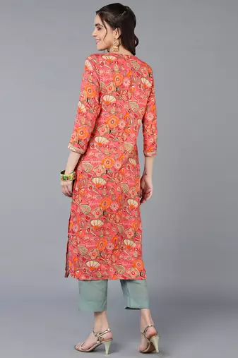 women peach viscose rayon quirky embroidered straight kurta