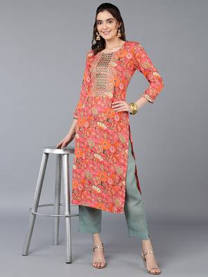 women peach viscose rayon quirky embroidered straight kurta 5