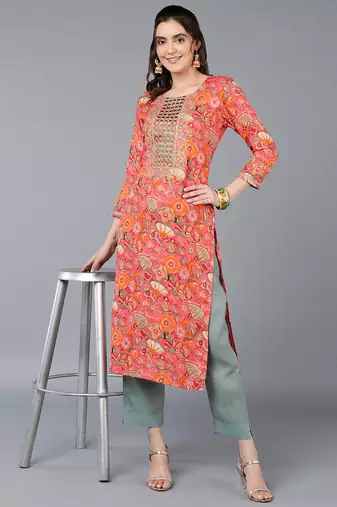 women peach viscose rayon quirky embroidered straight kurta