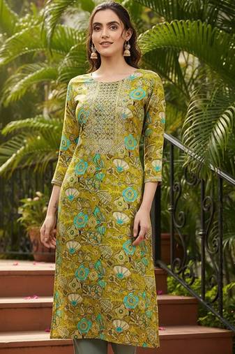 women olive viscose rayon quirky embroidered straight kurta