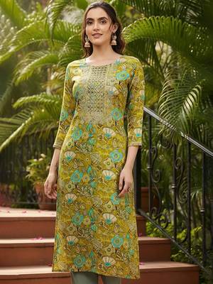 women olive viscose rayon quirky embroidered straight kurta 1