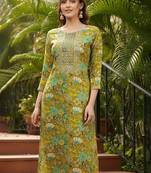 women olive viscose rayon quirky embroidered straight kurta