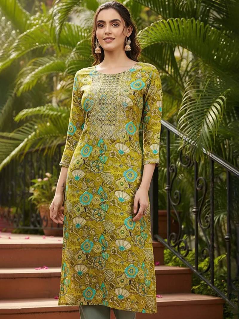 women olive viscose rayon quirky embroidered straight kurta